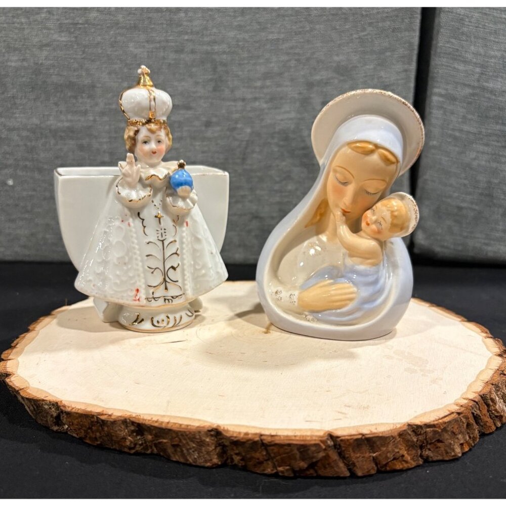 Vintage Infant Of Prague & Madonna Figurines With Gold Detailing Glossy Finish - Picture 2 of 16